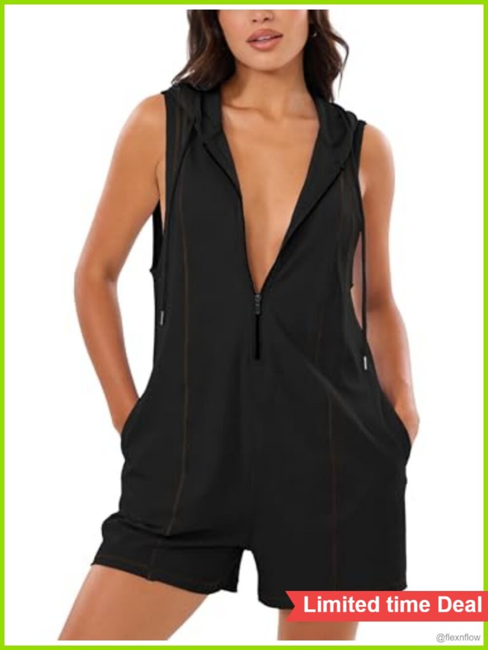 Women's Hooded Half Zip Romper Sleeveless Athletic Shorts Overall